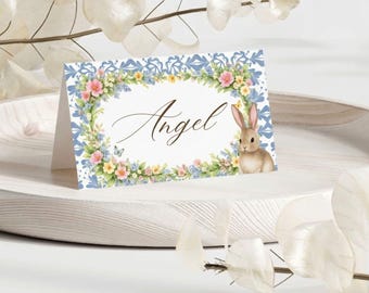 Easter Bunny Place Cards – Floral Table Decor, Editable Seating Name Cards (Instant Download)