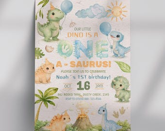 Dinosaur 1st Birthday Invitation Template, One-a-Saurus Theme (Digital Download)
