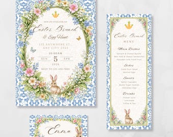 Easter Bundle Template, Easter Egg Hunt and Brunch,  Floral Spring, Instant Download, Editable Canva
