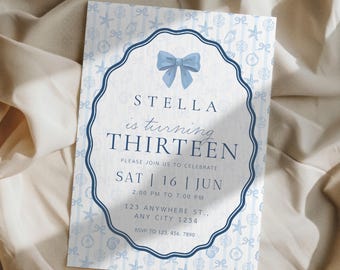 Invitación de cumpleaños con diseño de conchas marinas y temática costera / Invitación de fiesta con lazo azul océano / Plantilla editable