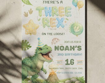 Editable Three Rex Dinosaur Birthday Invitation (Digital Download)