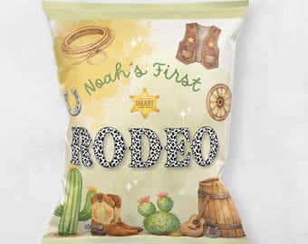 Editable first Rodeo Chip Bag Label, Rodeo Chip Bag Wrapper, Rodeo Crisp Label, Western Cowboy Chip Bag Label, Rodeo Party Favors Bag, Canva