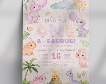Dinosaur 1st Birthday Invitation Girl Template, One-a-Saurus GirlTheme (Digital Download)