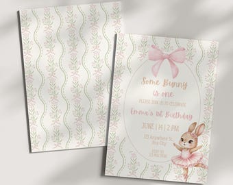 Some Bunny is One Invitation, Some Bunny is Turning One Invite Pink, Bunny 1st Birthday Invite, 1st Birthday Girl