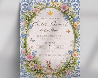 Easter Egg Hunt and Brunch Invitation, Easter Brunch Party Invitation, Floral Spring,Instant Download, Editable Canva