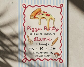 Invitación de cumpleaños con temática de pizza para niños, plantilla editable de Canva (descarga digital)