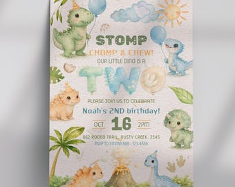 Editable Dinosaur 2nd Birthday Invitation, Watercolor Dino Party Template (Digital Download)