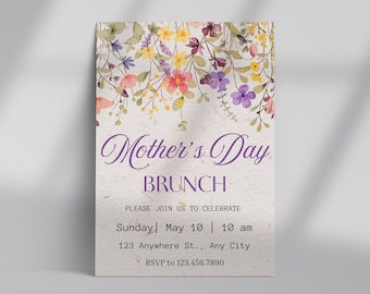 Plantilla de invitación para brunch del Día de la Madre, invitación editable en Canva, brunch floral para mamás, imprimible y descarga digital.
