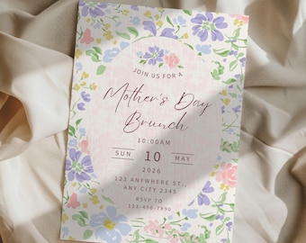Plantilla de invitación para brunch del Día de la Madre con diseño floral, invitación editable para fiestas (descarga digital)