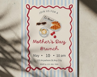 Invitación para brunch del Día de la Madre, plantilla editable de Canva, temática de café parisino, invitación imprimible para mamá.