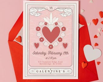 Editable Galentine's Day Invitation, Pink Heart Brunch Invite (Digital Download)