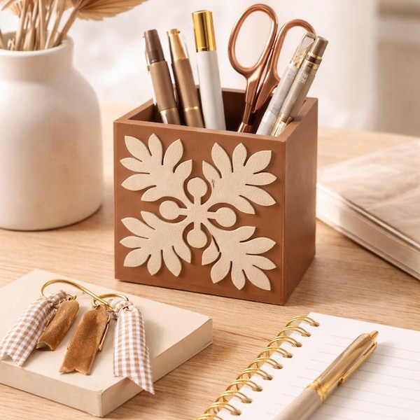 Hawaiian ʻUlu Quilt Pen Holder | Made in Hawaiʻi | Island-Inspired Office Decor