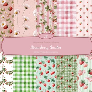 Aardbei Shabby Chic Digitaal Papier Lentebloem Coquette Esthetisch Behang Gingham Check Naadloos Patroon Digitale Download