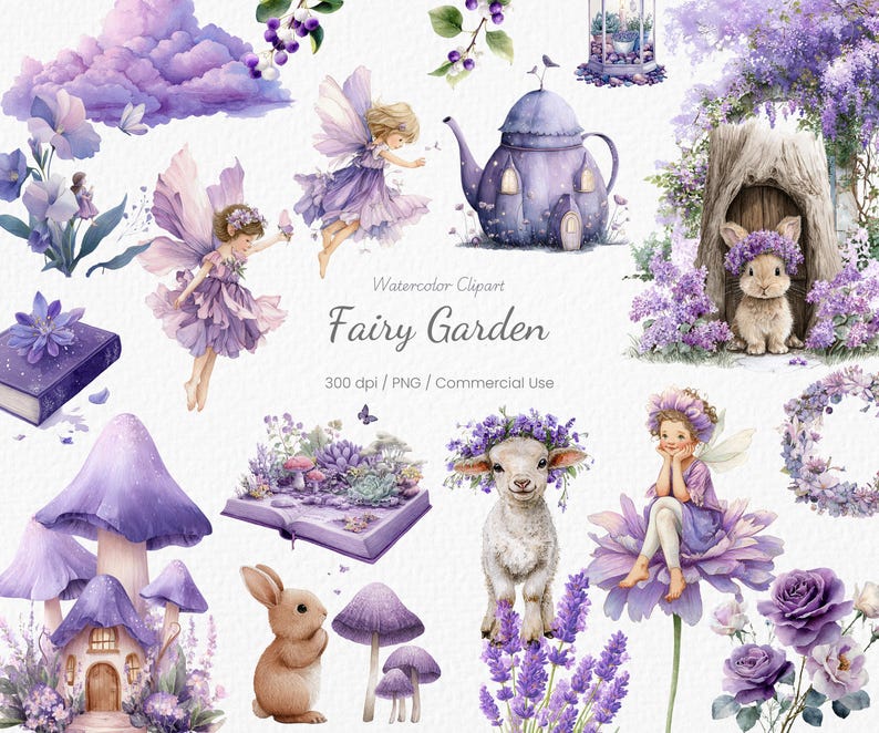 Purple Fairy Garden Clipart Watercolor Fairy Forest Magical Garden PNG ...