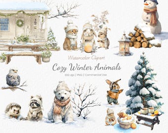 May include: Watercolor clipart featuring cozy winter animals and scenes. Includes a snowman, polar bear, cheetah, rabbit, and other animals in winter attire. A snowy cottage, Christmas tree, and lantern are also depicted. The text "Cozy Winter Animals" is visible.