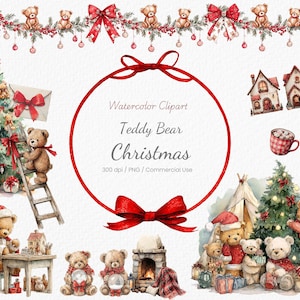 Watercolor Christmas Clipart,Red Holiday PNG Bundle,Soft Red Winter Graphics, Cute Teddy bear, Snow globe, Family Holiday, Commercial Use