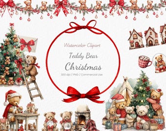 Watercolor Christmas Clipart,Red Holiday PNG Bundle,Soft Red Winter Graphics, Cute Teddy bear, Snow globe, Family Holiday, Commercial Use