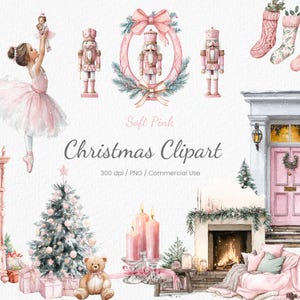 Set di clipart natalizie Schiaccianoci ad acquerello, PNG rosa per le vacanze, ragazza per le vacanze, ballerina, orsacchiotto, cornice per biglietti, uso commerciale