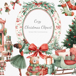 Puede incluir: Ilustración de acuarela de clipart navideño con una colección festiva de elementos navideños. Incluye un árbol de Navidad, regalos, un trineo, un oso de peluche, una bailarina, cascanueces y el texto "Cozy Christmas Clipart". La paleta de colores incluye rojo, verde y blanco.