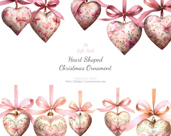 Watercolor Christmas Coquette Ornament Clipart, Holiday PNG Set, Sweat Holiday PNG, Bow, Pink, Soft Pink, Girly Holiday, Commercial Use