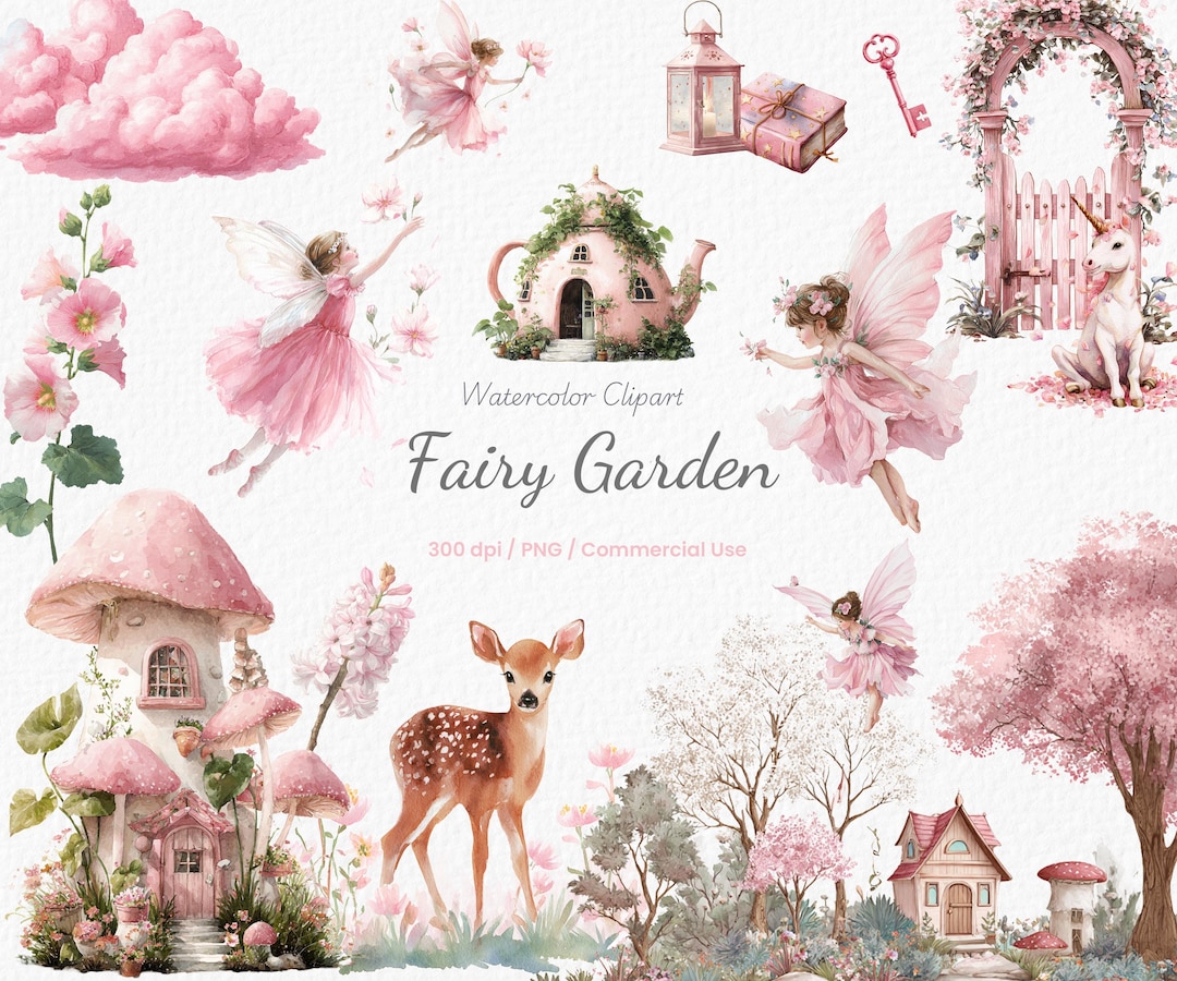 Pink Fairy Garden Clipart Watercolor Fairy Forest Magical Garden PNG ...