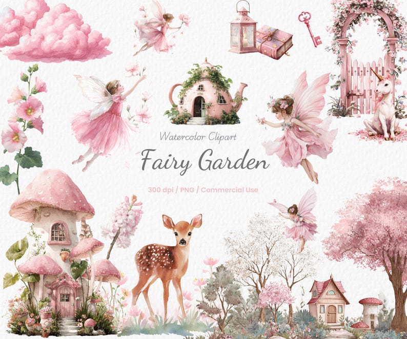 Pink Fairy Garden Clipart Watercolor Fairy Forest Magical Garden PNG ...