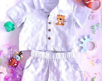 0–3-month baby boy collared short sleeve short and matching shorts with baby tiger applique