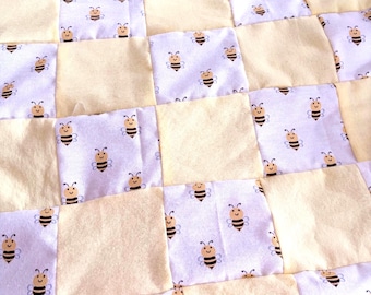 Bumble Bee Patchwork Quilt. Hand Crafted with Yellow Squares and Solid Yellow Backing. Lightweight and snuggly.