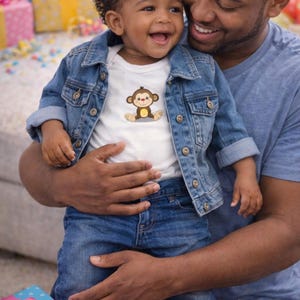 6-9month long sleeve white bodysuit, blue jeans and jean jacket set with monkey applique: Can be personalized