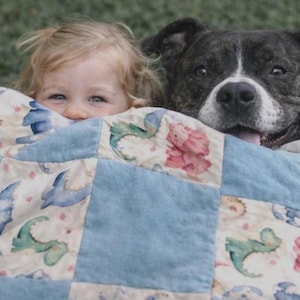 Edredón infantil de retazos de dinosaurios hecho a mano: franela suave, comodidad durante todo el año.