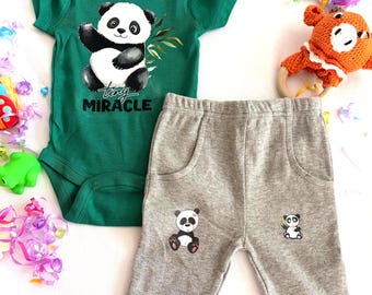 0–3-month baby short sleeve bodysuit and gray pants with panda applique and Tiny Miracle” can be personalized