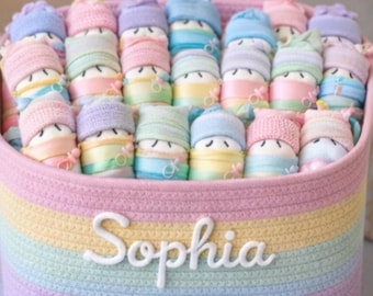 20 diaper babies in a personalized multi pastel basket with all baby essentials. It's a hit as a unique and excellent shower gift/decoration