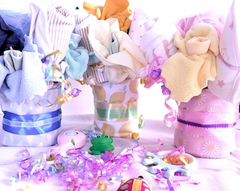 Handmade Baby Shower Bouquet Centerpiece, Burp Cloths, Socks, Bodysuits, Washcloths