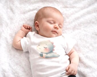 Newborn short sleeve white baby dinosaur bodysuit and black pants: Can be personalized