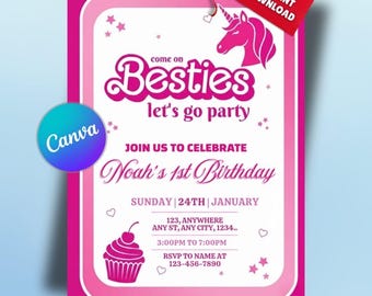 Pink Fashion Doll Birthday Invitation, Editable Canva Template (Digital Download)