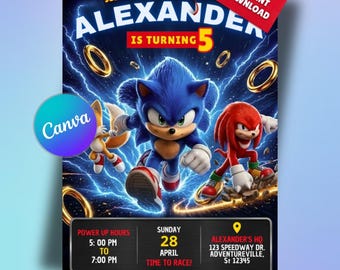 Editable Sonic Birthday Invitation | Sonic Racing Party Invite | Editable in Canva | Printable Kids Birthday