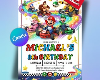 Invito di compleanno di Super Mario / Modello Canva modificabile / Download digitale stampabile / Invito alla festa di Mario per bambini, ragazzi e ragazze / Colorato