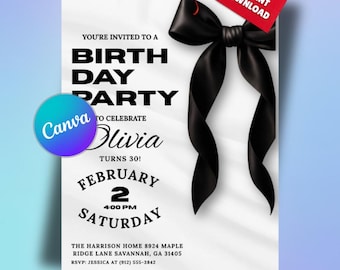 Black Bow Birthday Invitation, Coquette Minimalist Ribbon, Canva Editable (Digital Download