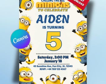 Minion Birthday Party Invitation, Digital Minions Themed Card, Printable Birthday Invites Boys/Girls, Editable Cartoon Canva Template