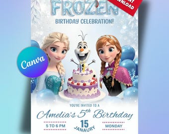 Editable Frozen Birthday Invitation | Elsa and Anna Party Invite | Editable & Printable Template | Customizable in Canva | Girl Invitation