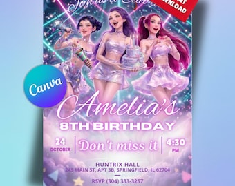 Editble Kpop Anime Birthday Invitation Pink Party Canva Template Editable 5x7 Mobile instant download