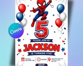 Invitation d'anniversaire Spidey (5 ans) modifiable, invitation pour une fête d'enfants sur le thème des super-héros, modèle modifiable pour une fête de garçons, carte Spidey, modèle Canva modifiable