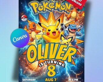 Editable Pokemon Birthday Invitation |  Pikachu Party Invite | Printable & Digital Canva Template
