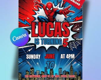 Editable Spiderman Birthday Invitation Template - Printable Spider-man Birthday Party Invite - Boy Invites Card Digital Instant Download