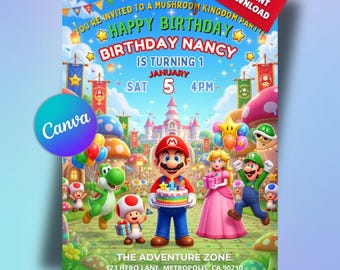 Invito di compleanno a tema Super Mario / Invito per feste modificabile su Canva / Invito di compleanno stampabile 5x7 / Download immediato