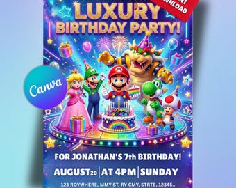 Invito di compleanno a tema Mario Galaxy, Invito di compleanno Super Mario, Festa a tema spazio, Download immediato, Modello Canva (5 x 7 pollici)