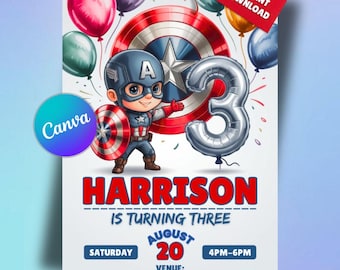 Captain America Birthday Invitation, Avengers Birthday Invite, Superhero Party Invite Boy, Editable Canva Template, Printable Card