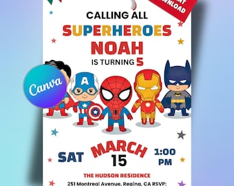 Editable Superheroes Birthday Invitation, Comic Style Party Invite (Digital Download)