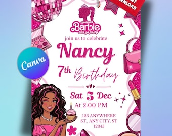 Editable Fashion Doll Birthday Invitation Template | Pink Doll Party Invite for Girls | Canva Birthday Invitation | Instant Download