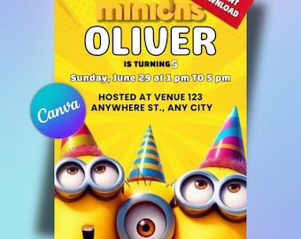 Yellow Minion Birthday Invitation, Kids Party Invite, Printable Digital Birthday Canva Template, Instant Download, Minions Invite